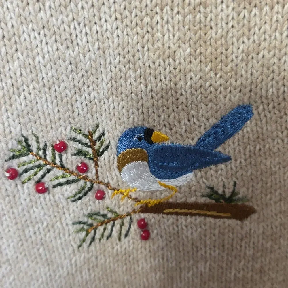 Breckenridge Oatmeal Embroidered Birds Beads Sweater Cardigan Women 2X Cabincore